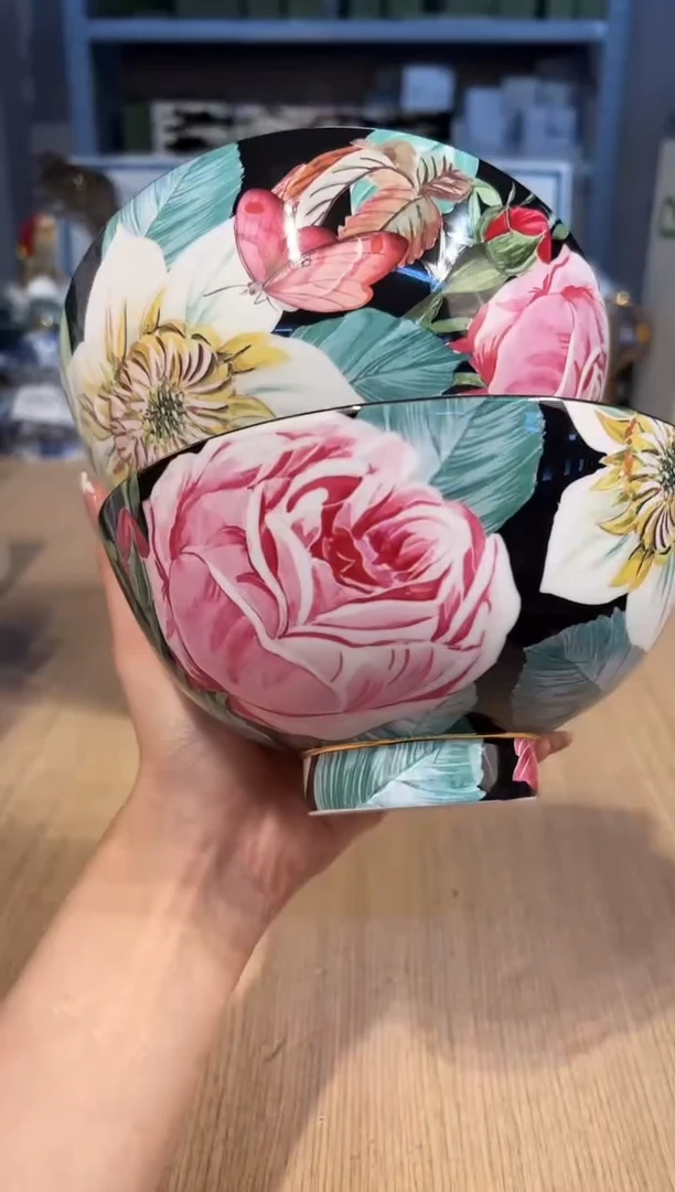 【闪购商品】杯118手绘玫瑰面碗套二