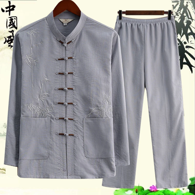 唐装男长袖冰丝套装爸爸秋装中国风男装中老年汉服爷爷老人大码装