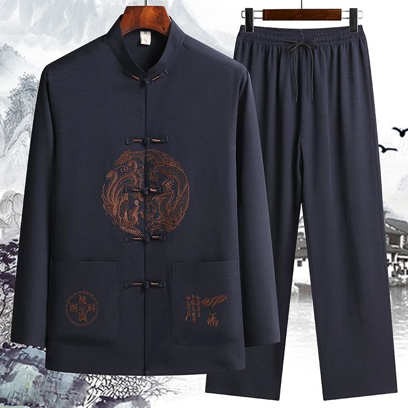 薄唐装男长袖中国风套装太极服老年人60到70岁爸爸装刺绣中山装男