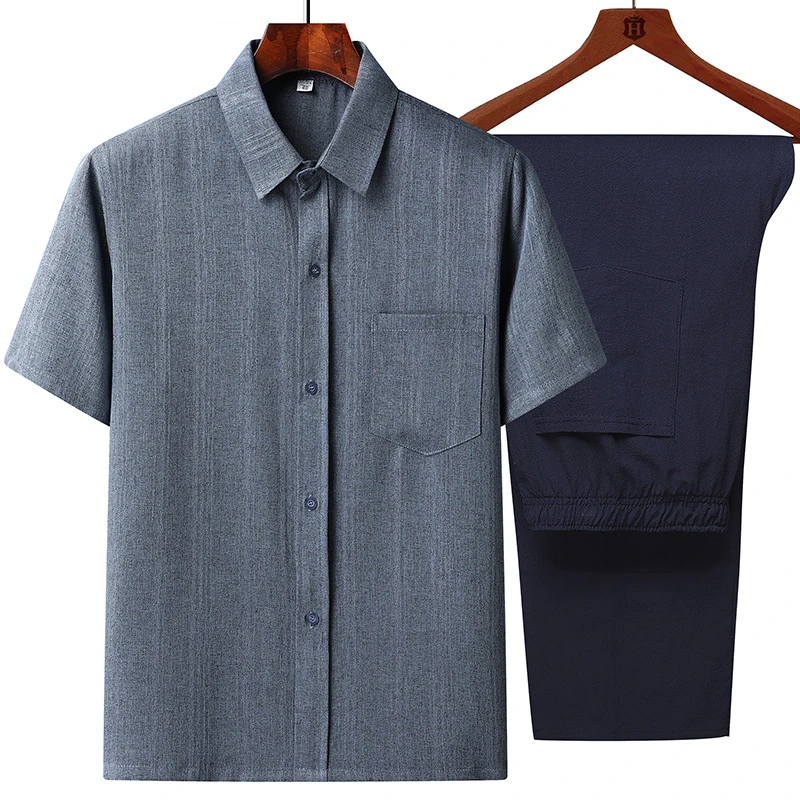 夏季中老年衬衫男棉麻套装爸爸装夏装60-70-80岁老人宽松爷爷衬衣