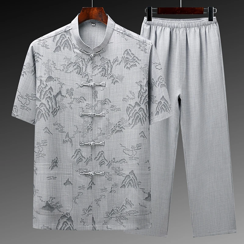 夏季唐装男中老年爸爸夏装套装中国风60岁70爷爷老年人中式两件套