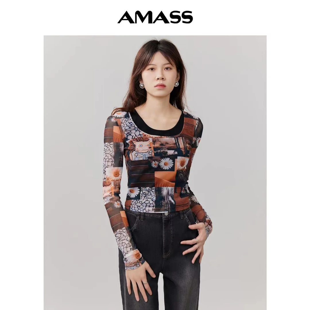 AMASS/阿玛施气质造型长袖纱衣设计时尚百搭小众印花上衣 5300927
