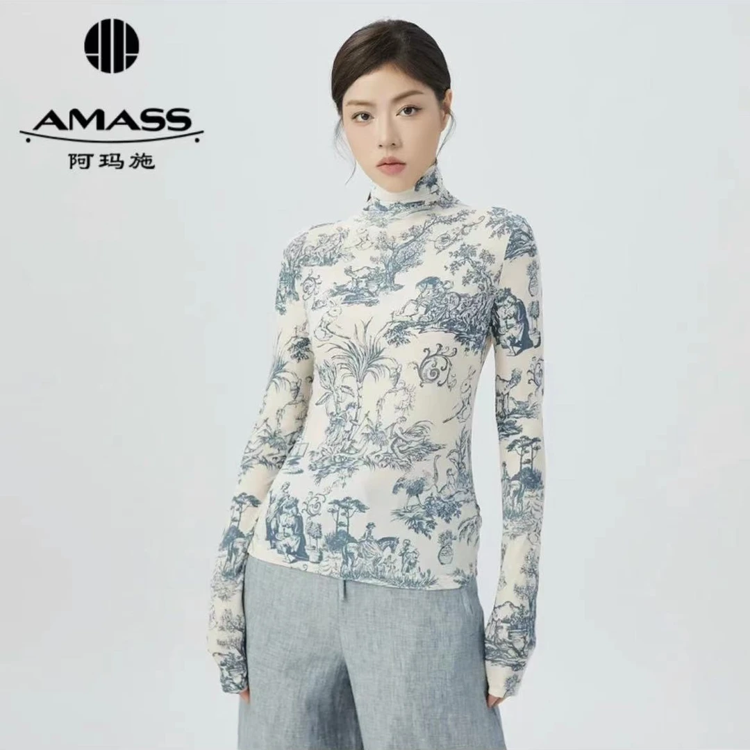 AMASS/阿玛施高领感小众修身印花春夏国风时尚气质纱衣5300587