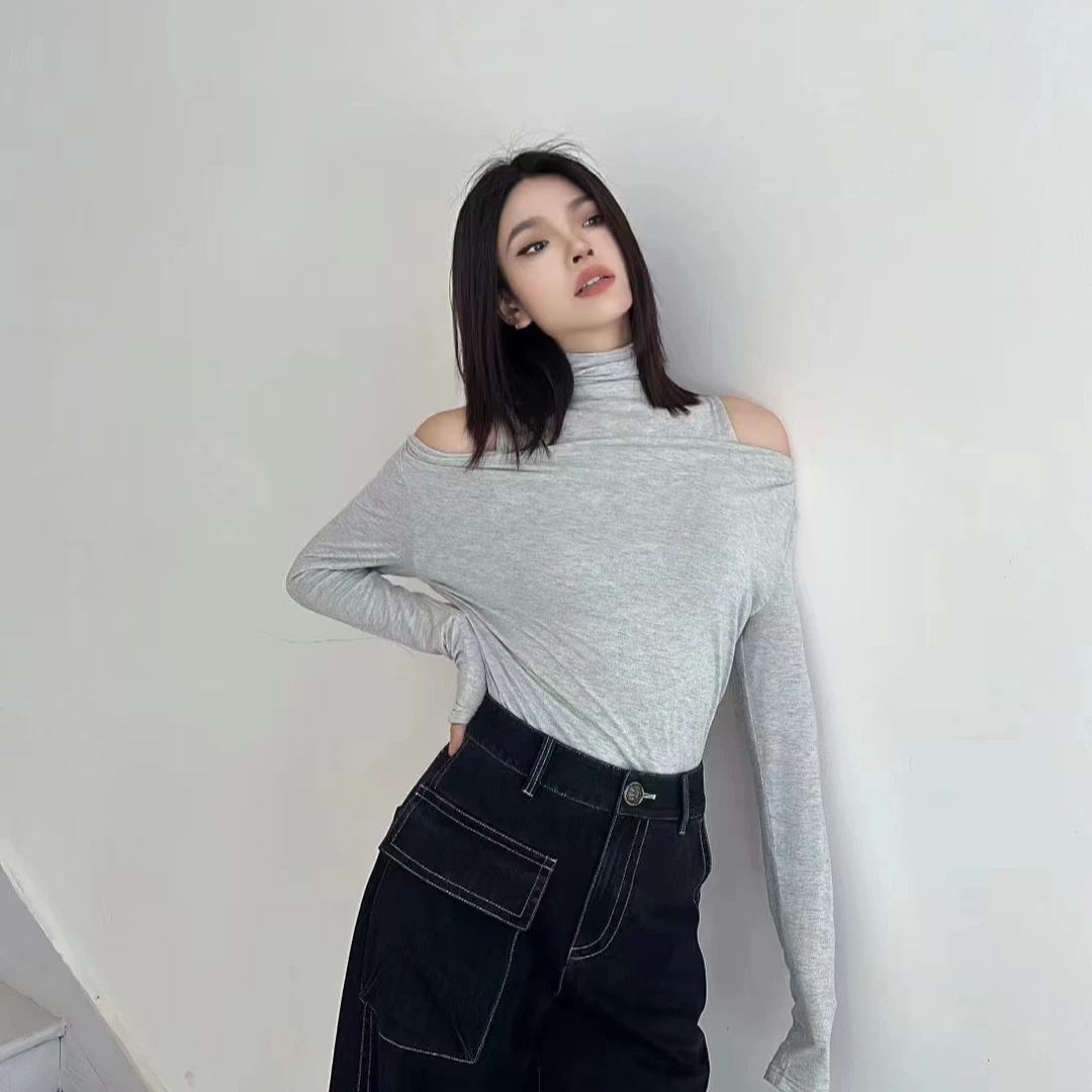 阿玛施/AMASS烟管领背心一字肩两件套长袖设计感叠穿T恤5301086