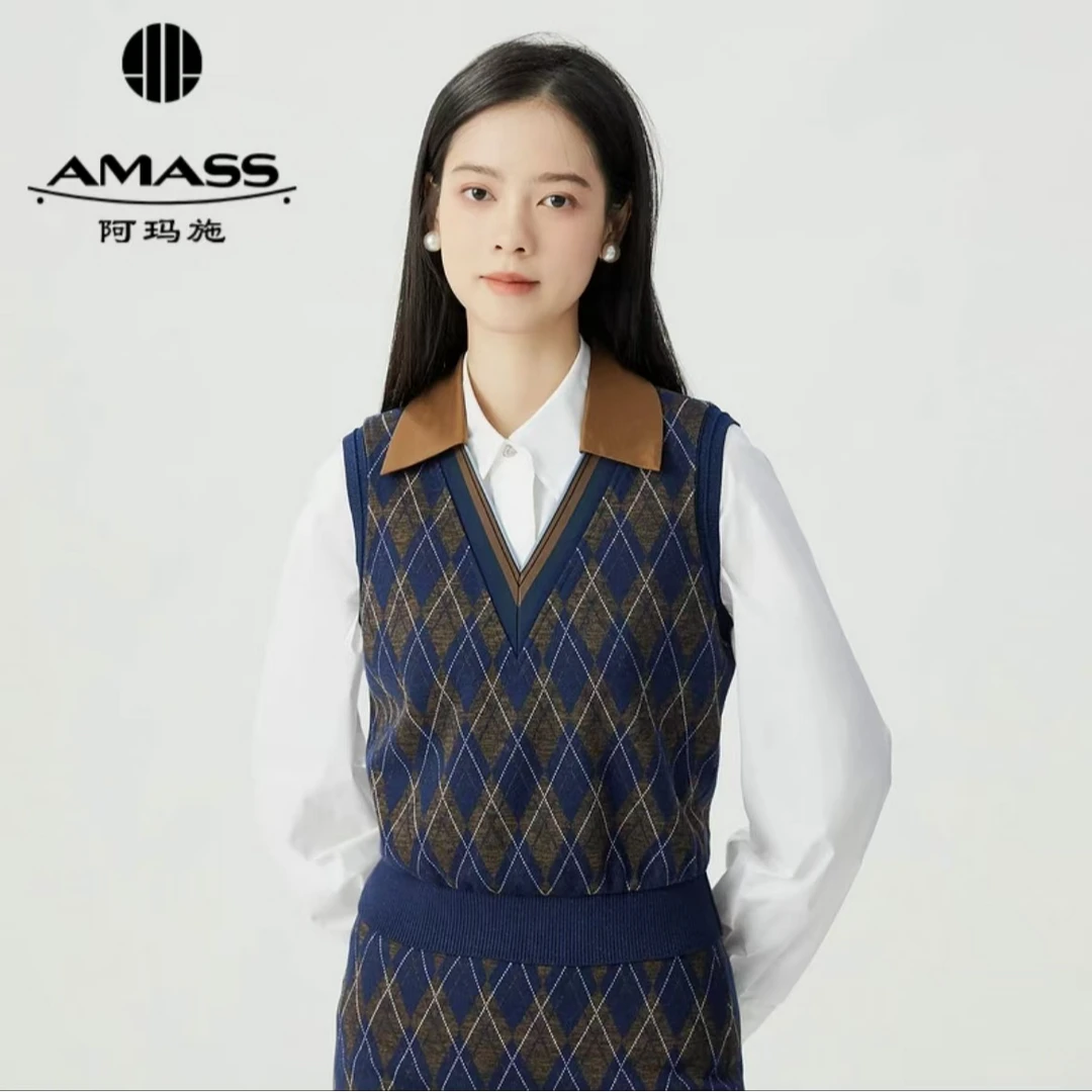 AMASS/阿玛施复古百搭菱格纹拼接翻领针织背心5300965