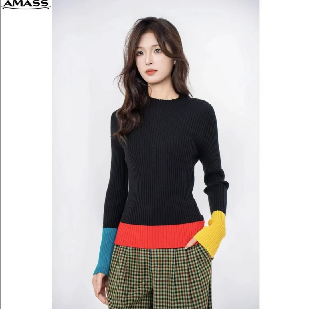 AMASS/阿玛施热力感 高领拼色袖针织衫长袖短款时尚修身5399469