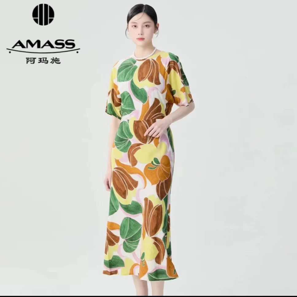 阿玛施AMASS新款女装减龄显瘦简约优雅气质修身短袖长裙女5500496