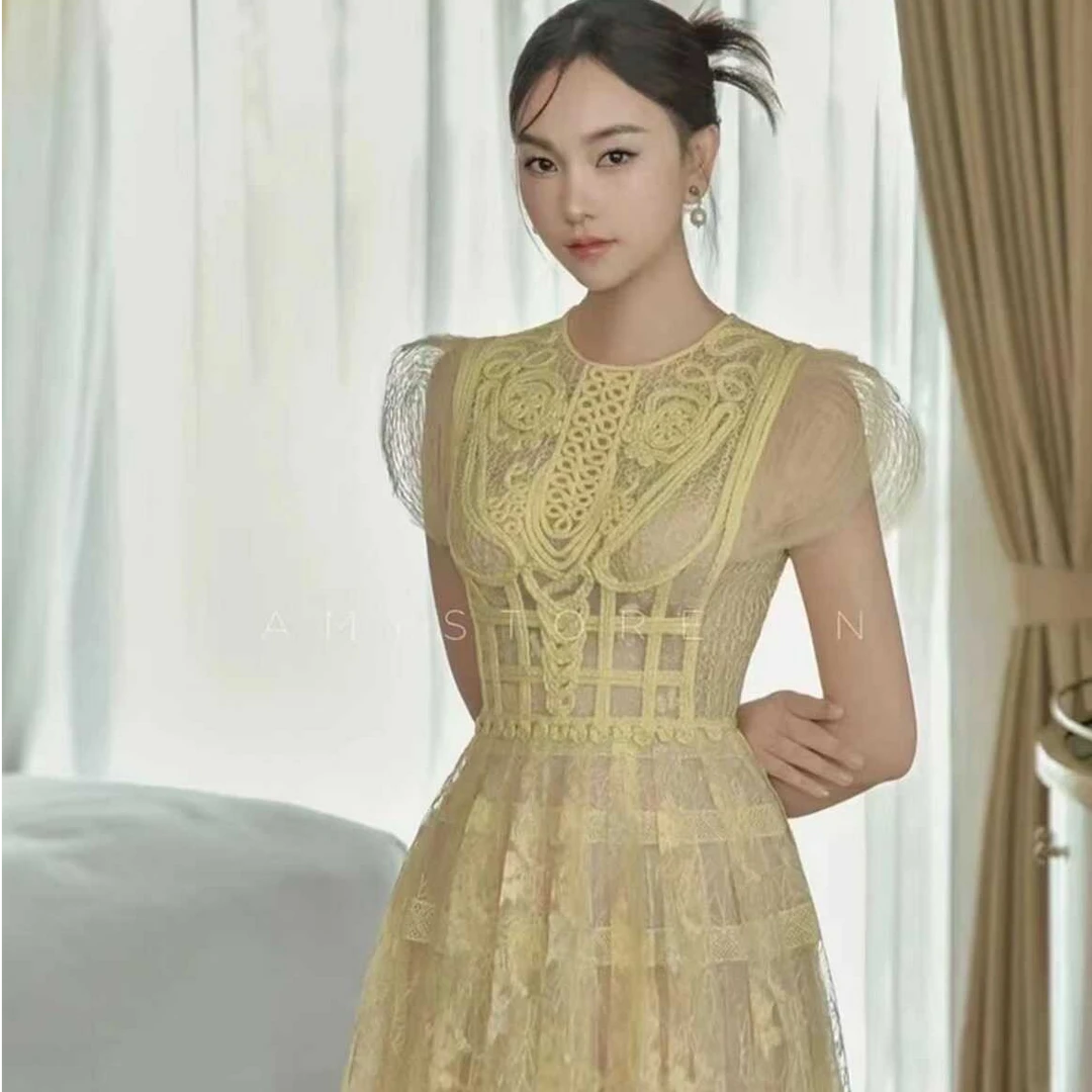 越南小众设计师品牌镂空水溶花蕾丝重工长款连衣裙黄色仙女裙A080