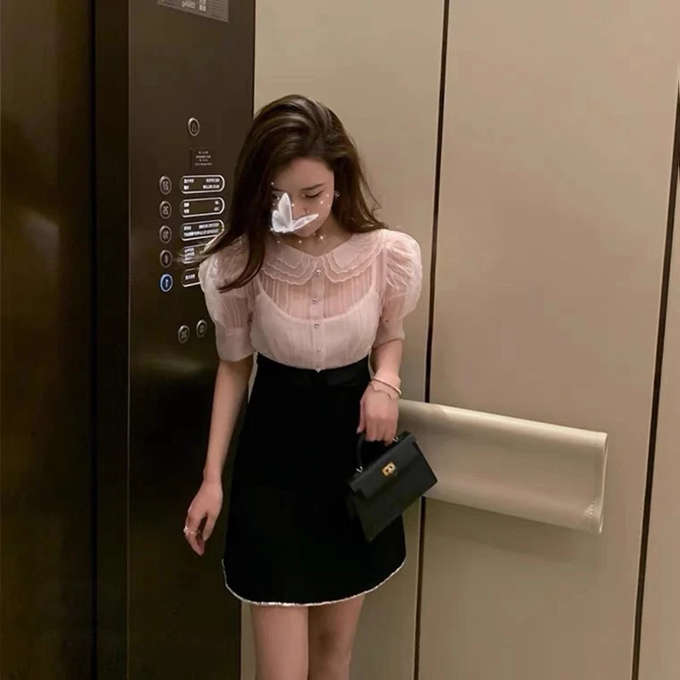 Miu家小缪粉色欧根纱刺绣娃娃领泡泡袖连衣裙女千金公主短裙414