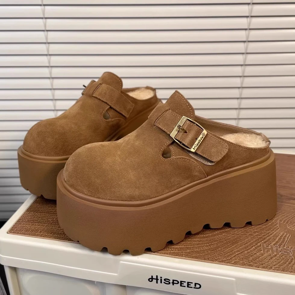 芒果头翻毛皮大头面包鞋一脚蹬半拖鞋鞋托小个子松糕厚底超高跟女