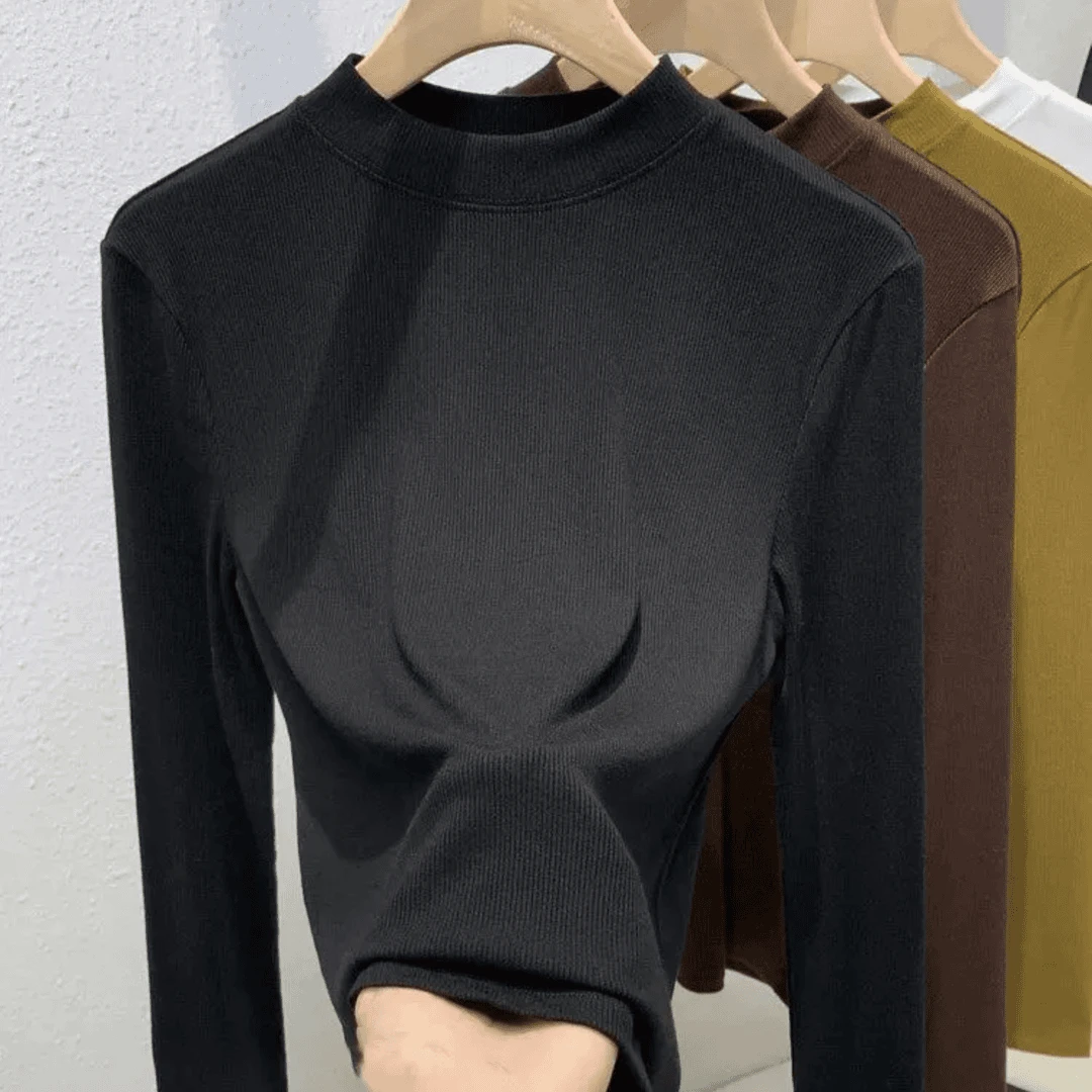 【厂家直销】2024新款半高领纯色打底衫t恤秋冬简约长袖上衣中领女