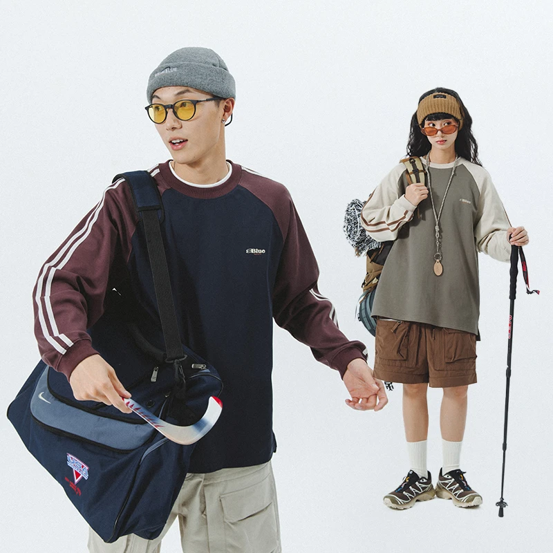 NOTHOMME BLUE蓝岐2024春季新款拼色卫衣情侣复古插肩长袖T恤潮