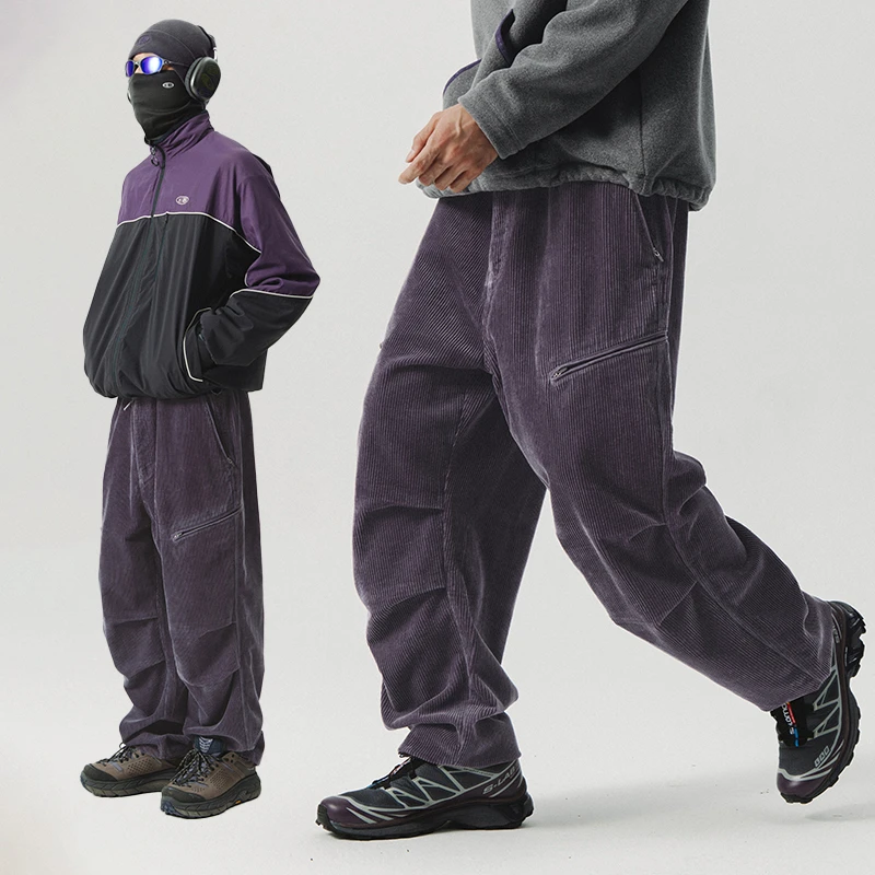 NOTHOMMEBLUE蓝岐秋冬保暖灯芯绒长裤复古膝褶可调节束脚工装裤男