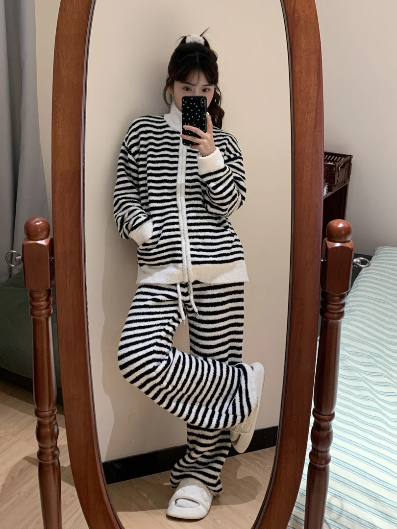 【斑马条纹】显瘦韩版高领条纹半边绒睡衣女秋冬毛绒网红新款家居服