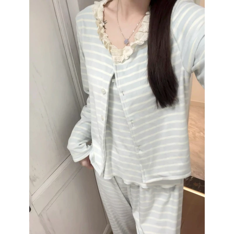 【条纹三件套】德绒韩版蕾丝边撞色条纹吊带长袖睡衣女秋冬家居服