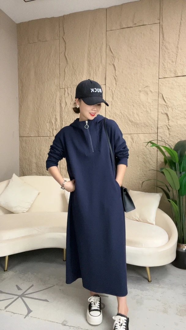 【思伶】长裙-欧货大版连帽半开领长袖连衣裙女秋宽松卫衣裙 0039