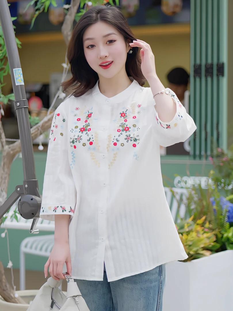 新款加肥刺绣七分袖衬衫微胖女装国风百搭显瘦洋气时尚小衫上衣