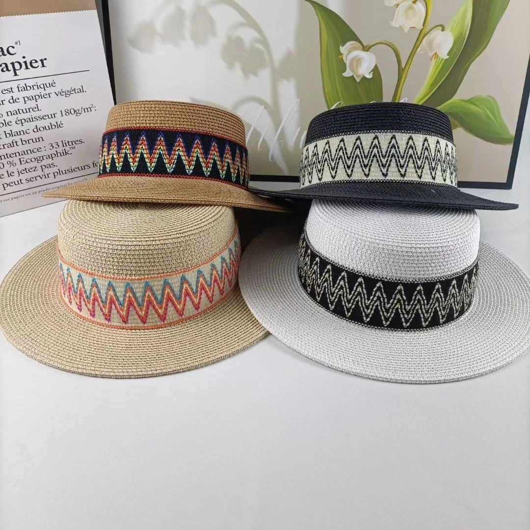 民族风海边沙滩度假遮阳帽草帽女夏季法式防晒百搭复古平顶帽礼帽