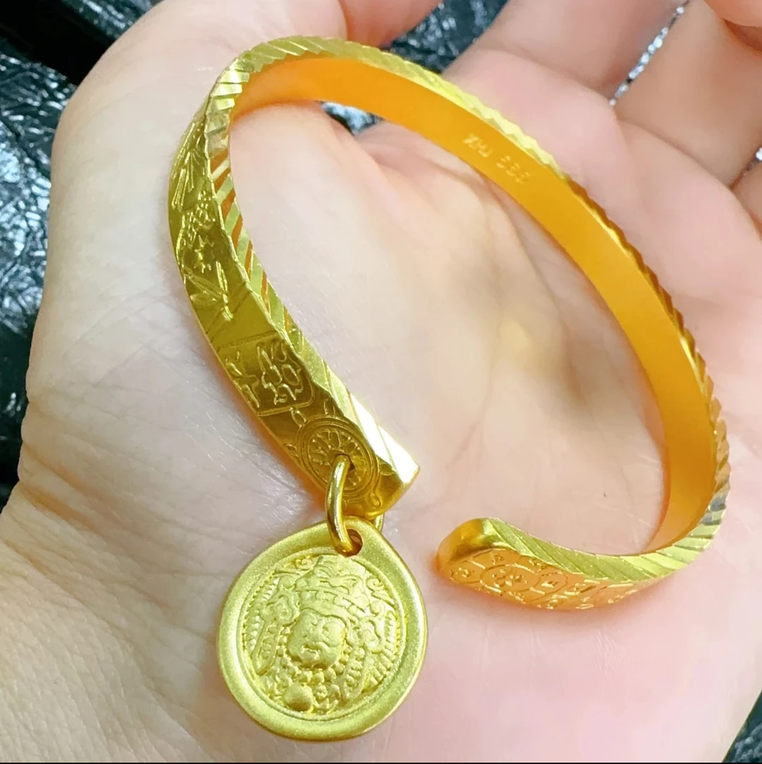 铜合金手镯 【一立金沙】吉言开口手镯光面首饰妈妈饰品可调节镯子