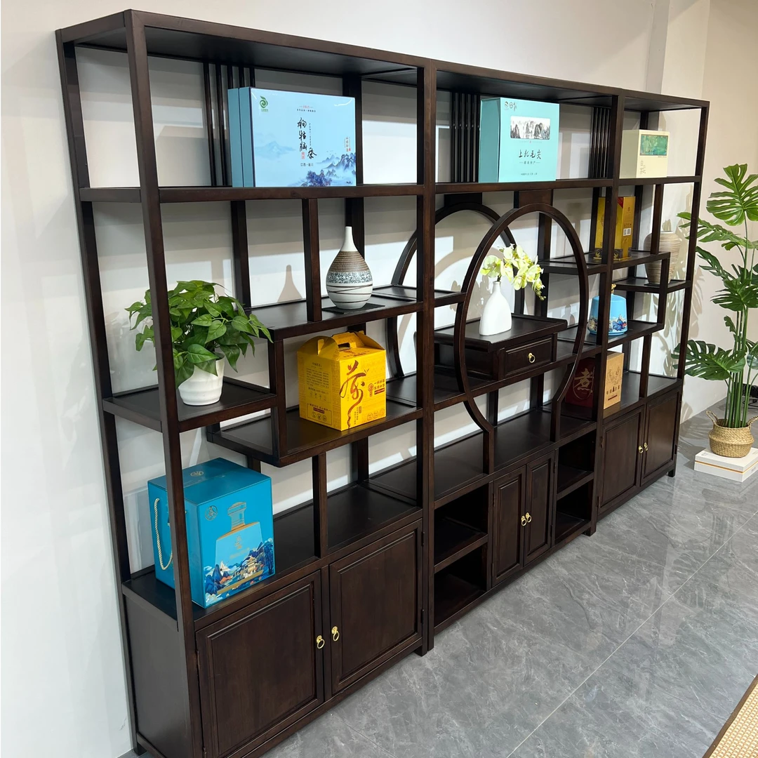 乌金木实木新中式多宝阁茶叶书置物架隔断摆件办公茶室展示柜