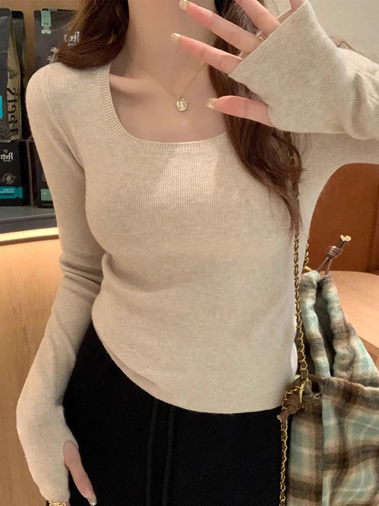 2025秋季新款长袖针织衫女修身内搭方领打底衫秋冬高级感低领上衣
