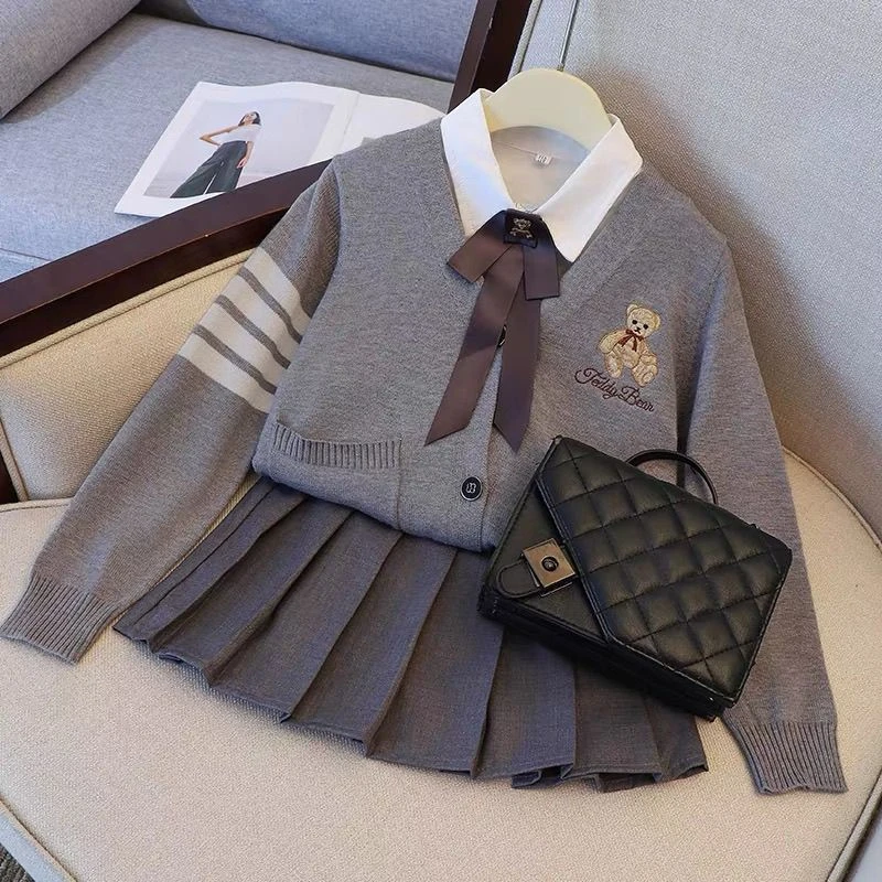 女童秋装jk制服套装2024秋季新款学院风儿童潮牌服装三件套针织