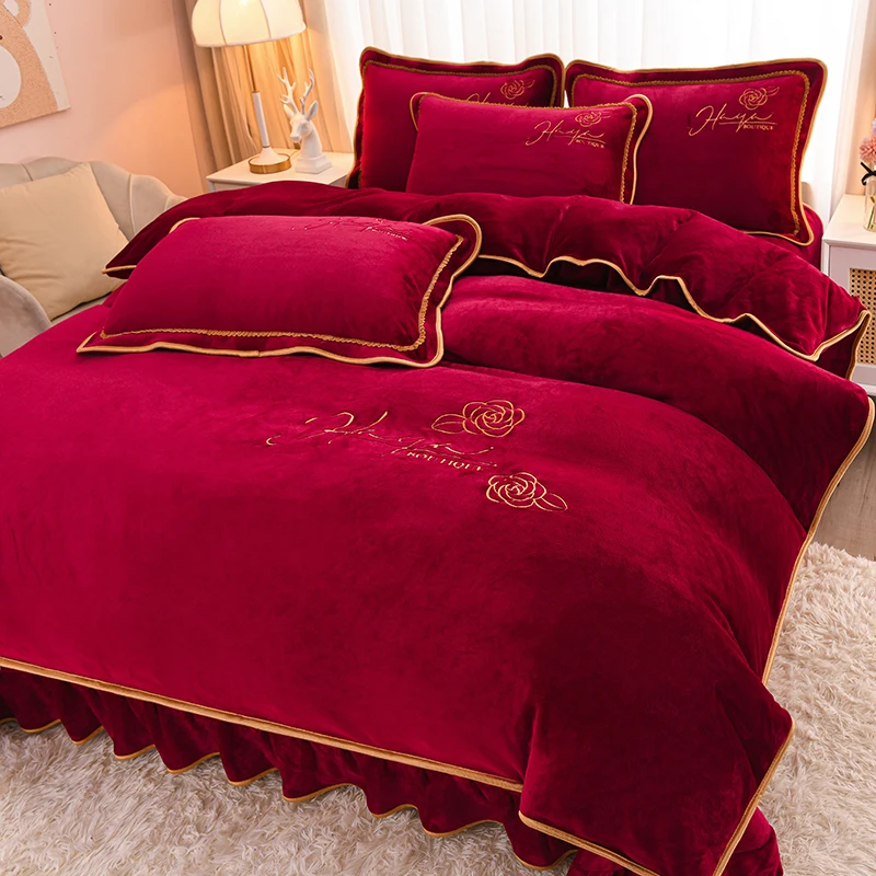 【活动价】纯色绣花牛奶绒四件套韩版床裙高克重8.5斤绒套件