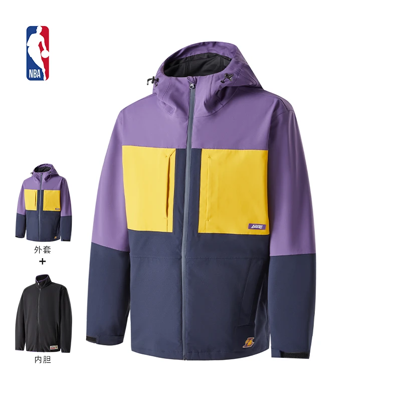 NBA官方湖人勇士运动服防风抓绒户外登山保暖防寒三合一运动外套