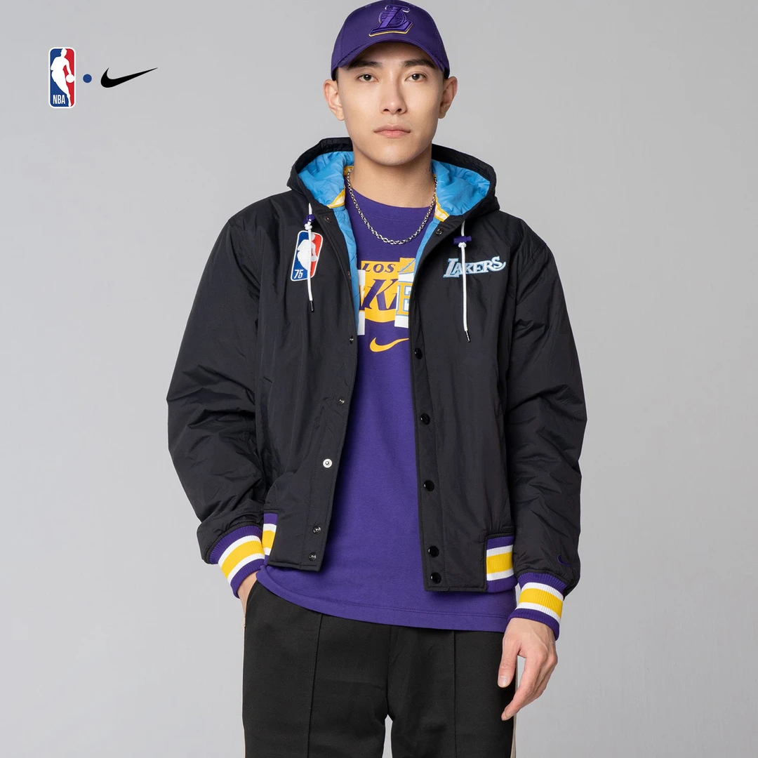NIKE耐克NBA官方湖人秋冬休闲连帽轻便条纹防水男款运动外套上衣