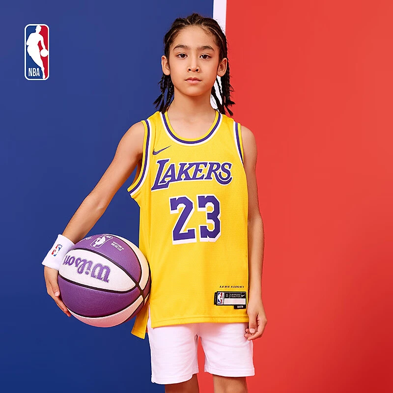 NBA官方正品儿童 湖人队 詹姆斯 中童 涤纶黄色运动球衣