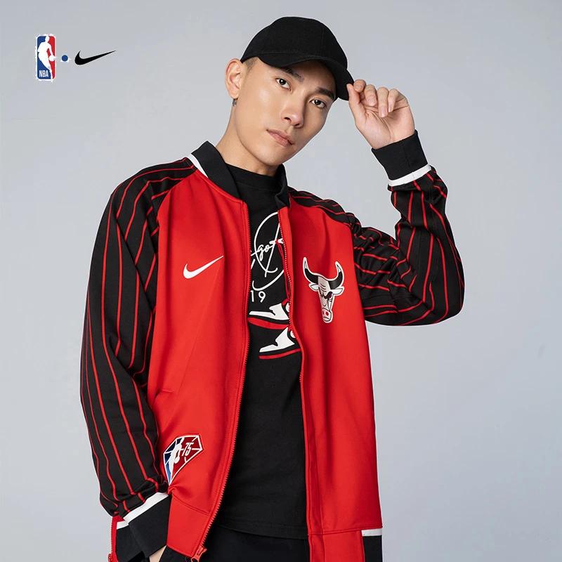 NBA 新款公牛队 红色复古长袖夹克 休闲宽松运动上衣潮流时尚外套