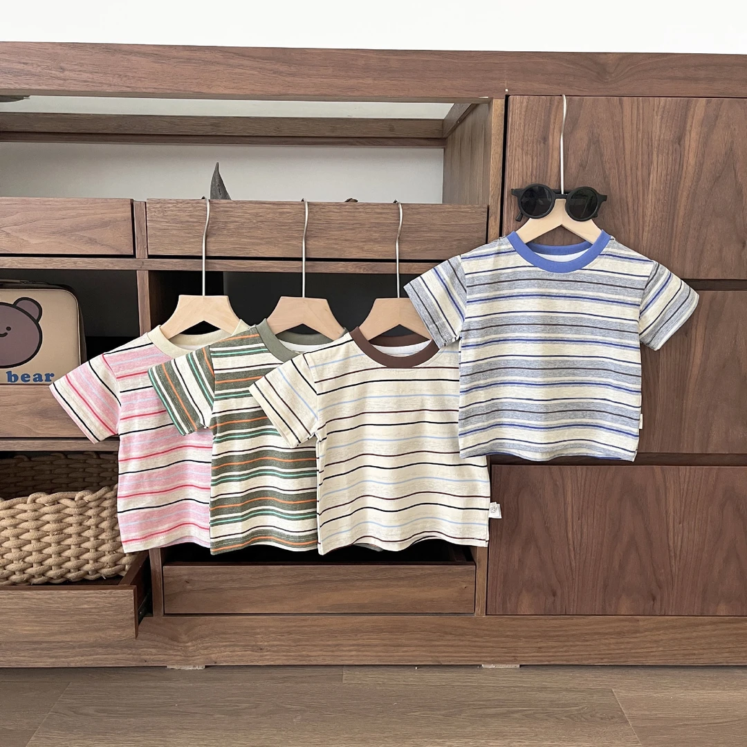 婴儿夏季薄款韩版T恤男女宝宝多色条纹拼色短袖T恤
