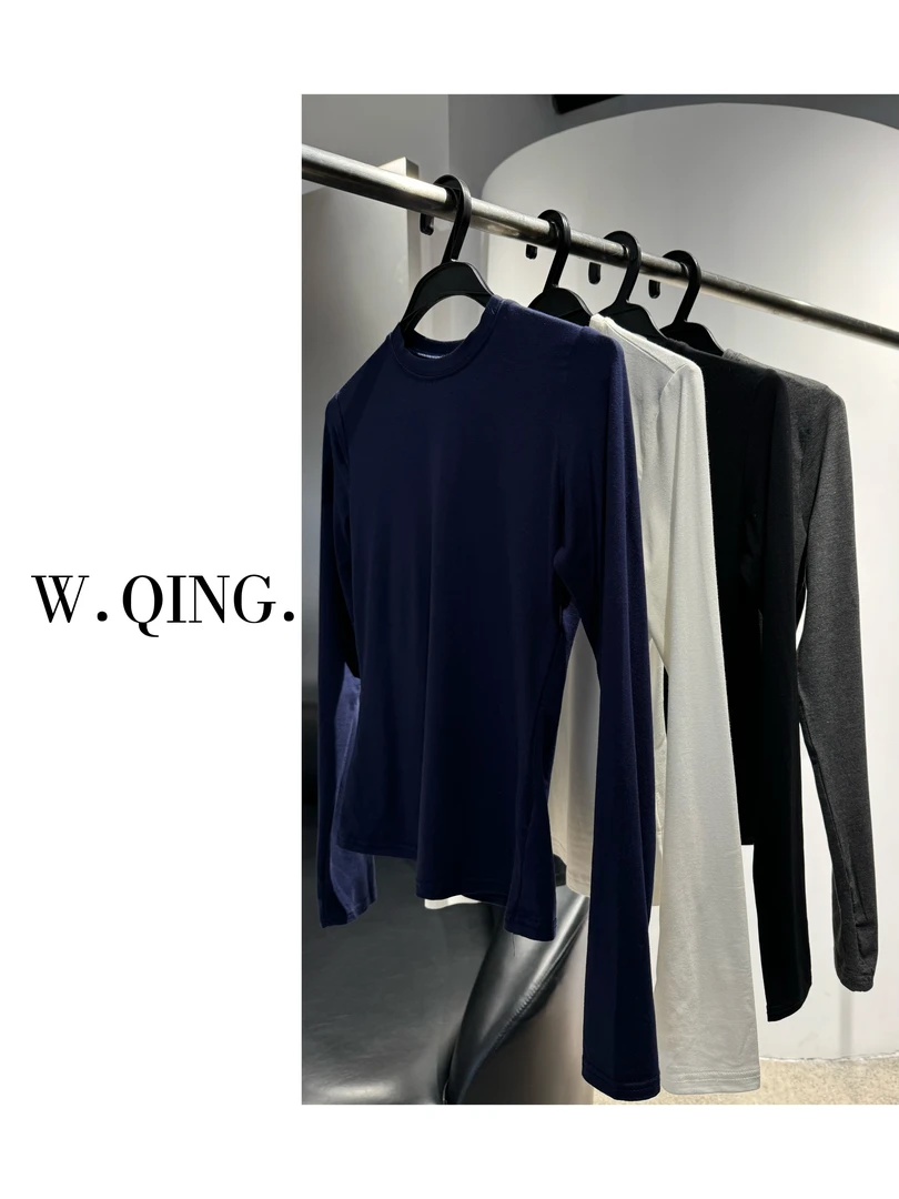 【W.QING.】skim卡戴珊沙漏腰圆领长袖修身打底显瘦高弹T恤