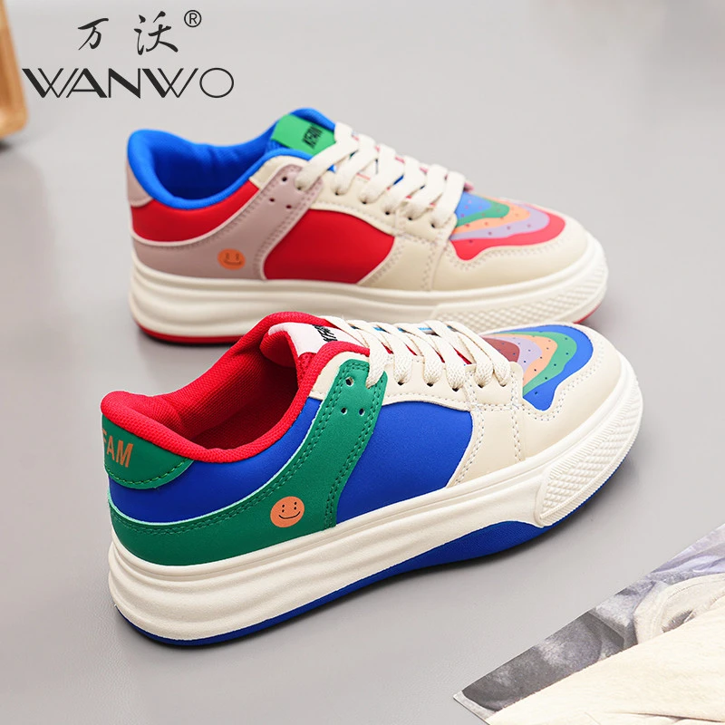 万沃小白鞋女春季新款休闲百搭网红爆款板鞋女厚底拼色彩虹鸳鸯鞋