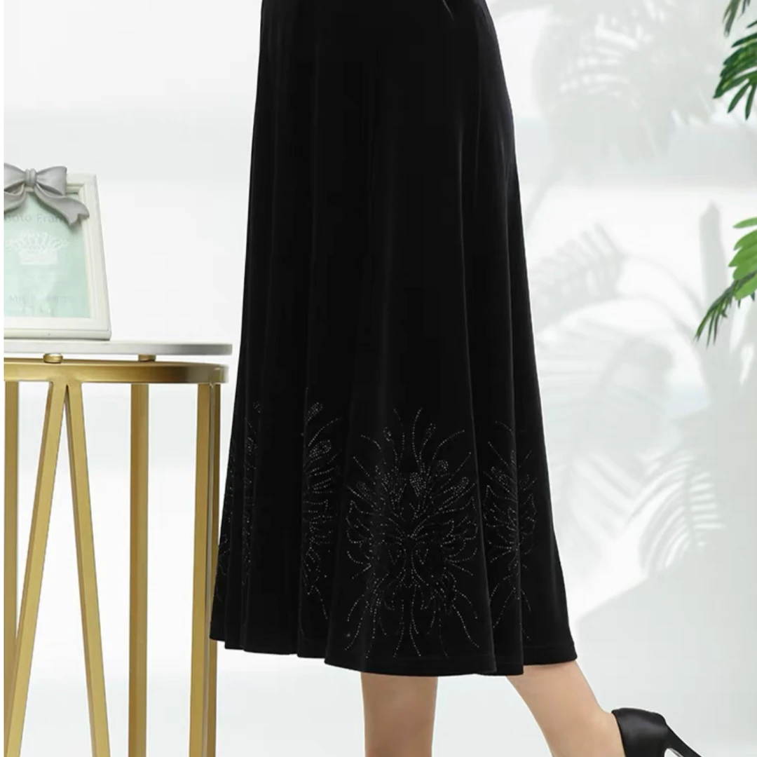 高腰时尚百搭气质显瘦黑色秋冬A字百褶钻石绒半裙88A1868#（80cm）