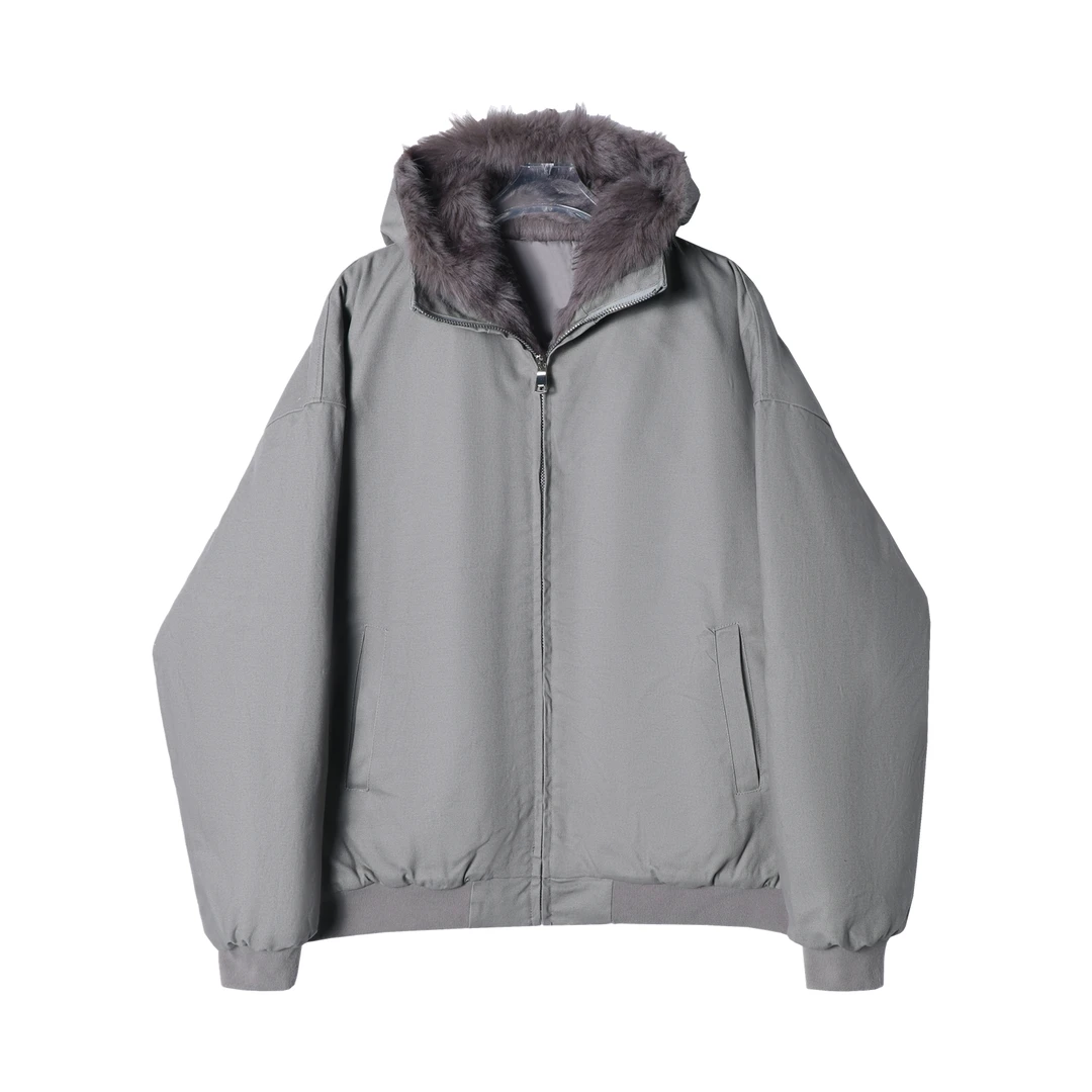 秋冬季新款时尚个性韩版纯色连帽毛领开衫拉链外套宽松户外上衣