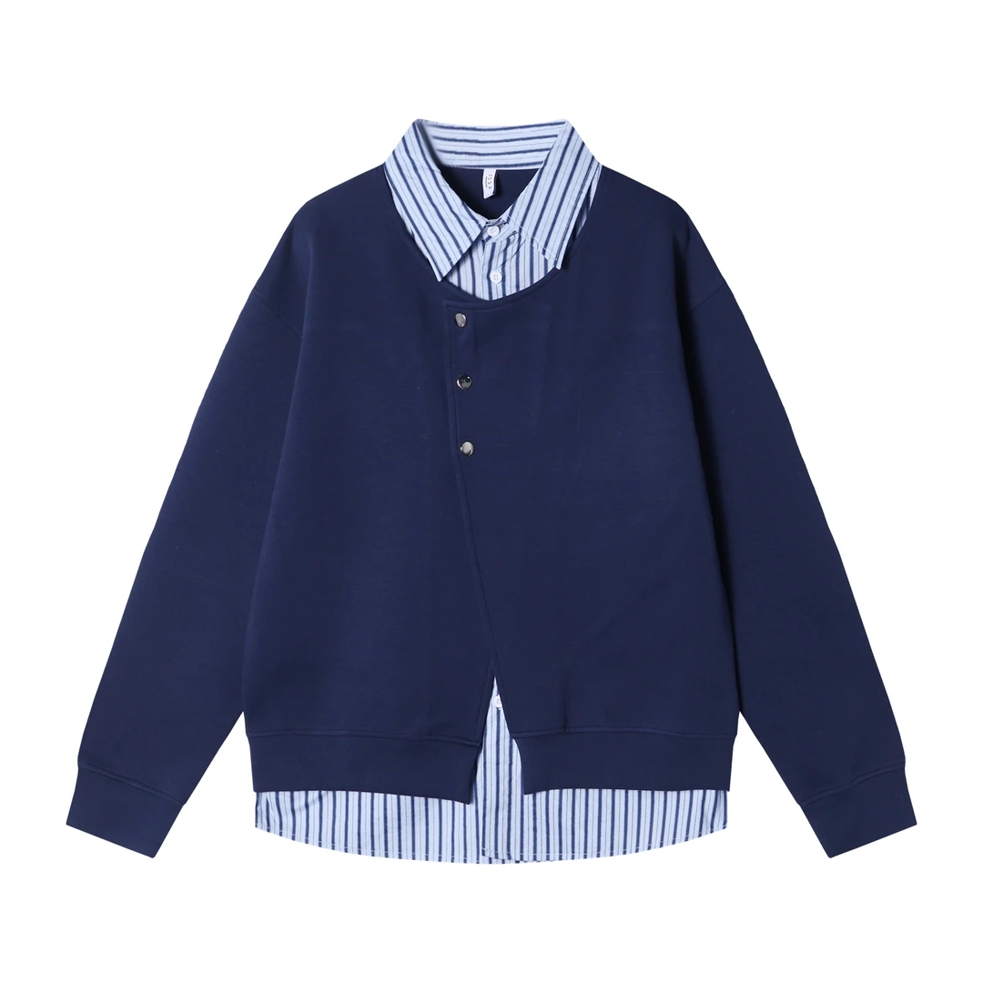 WY540新款时尚个性撞色翻领纽扣开衫假两件休闲百搭宽松上衣