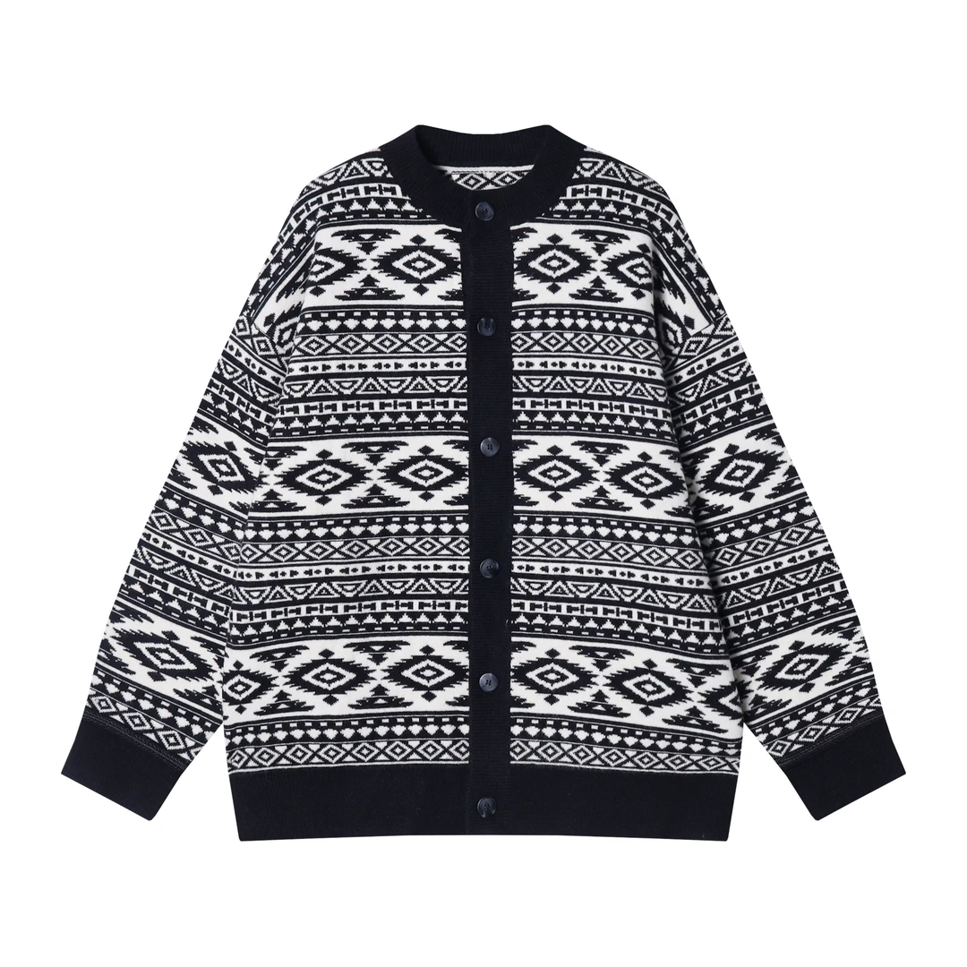 秋冬新款男士黑白日系圆领单排扣宽松百搭校园风长袖卫衣提花