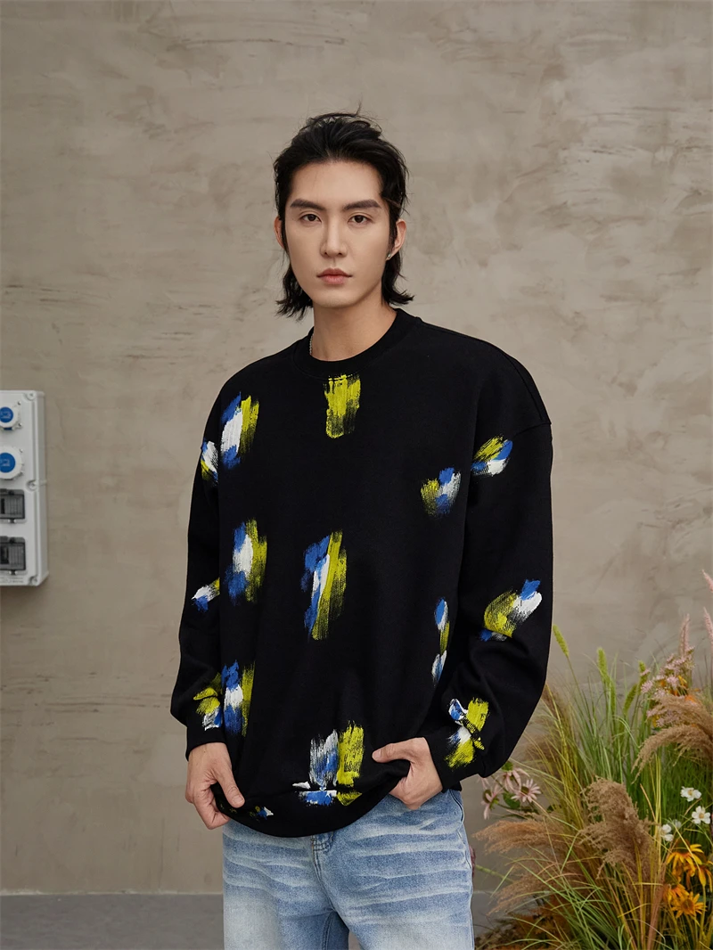 T5C66100新款潮流复古几何图案手绘印染宽松时尚圆领休闲长袖卫衣