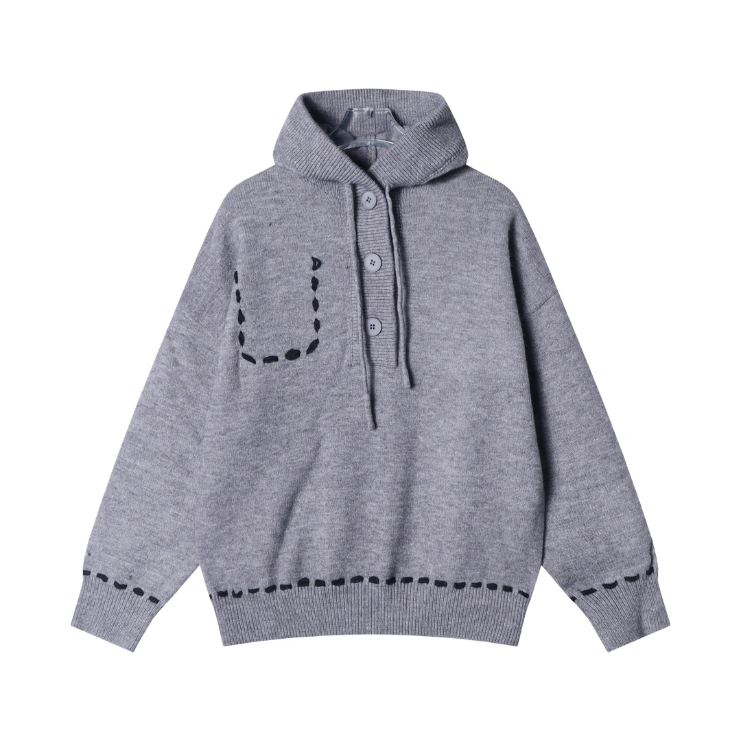 秋冬季新款时尚个性纯色半纽扣抽绳连帽毛衣百搭情侣宽松针织衫