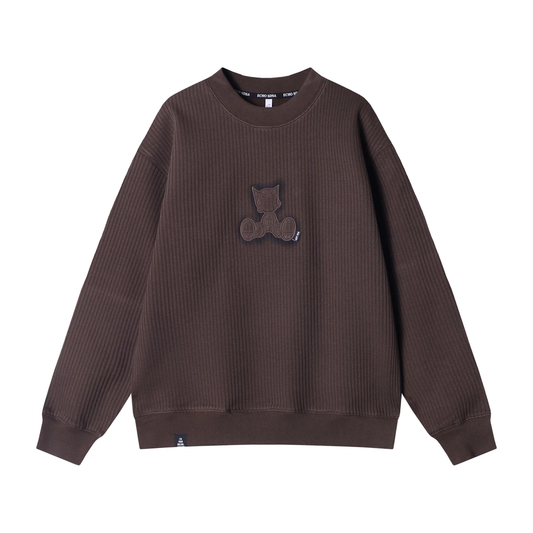 新款时尚个性美式纯色卡通刺绣圆领长袖卫衣情侣百搭宽松