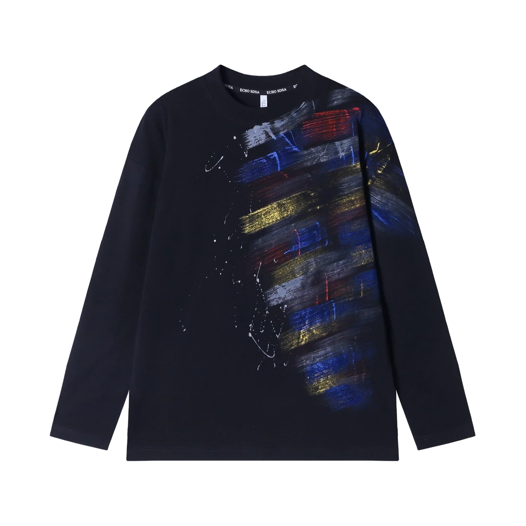 T1724秋冬季新款时尚百搭手绘彩色印花圆领上衣宽松潮流个性长袖