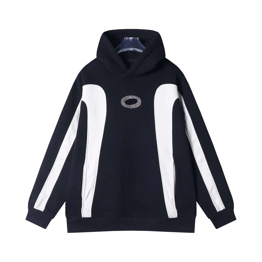 秋冬季新款时尚个性韩版撞色烫钻连帽卫衣情侣宽松百搭上衣