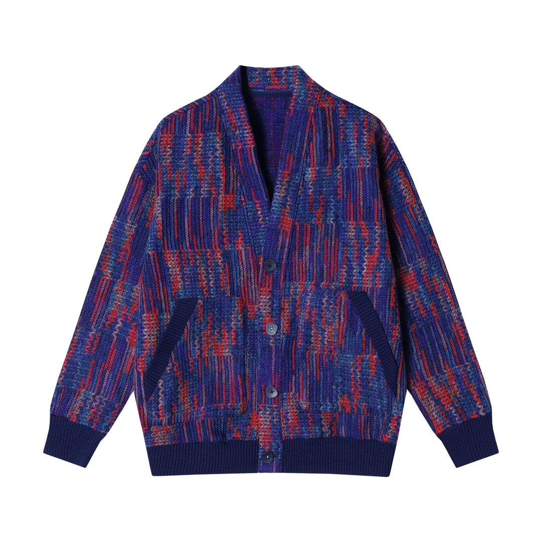 6109秋冬季新款美式复古扎染撞色开衫针织衫宽松潮流休闲上衣