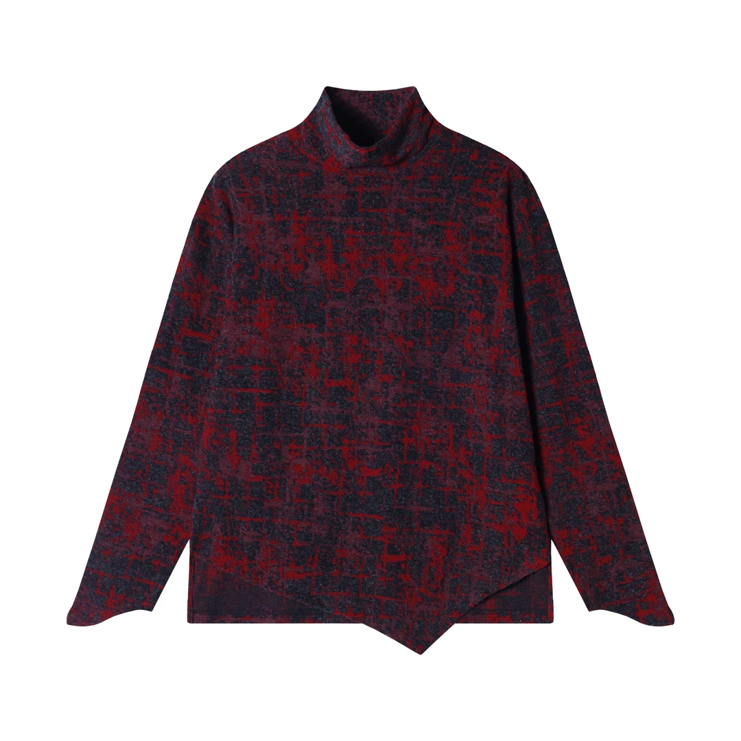 T1764新款时尚个性扎染下摆不规则半立领套头上衣舒适百搭长袖