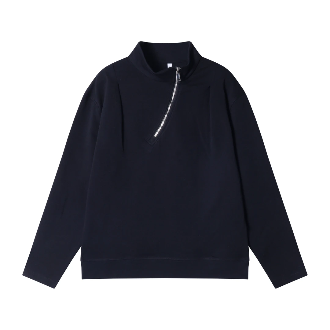 T1904新款时尚个性纯色半拉链褶皱立领长袖卫衣休闲百搭潮流上衣