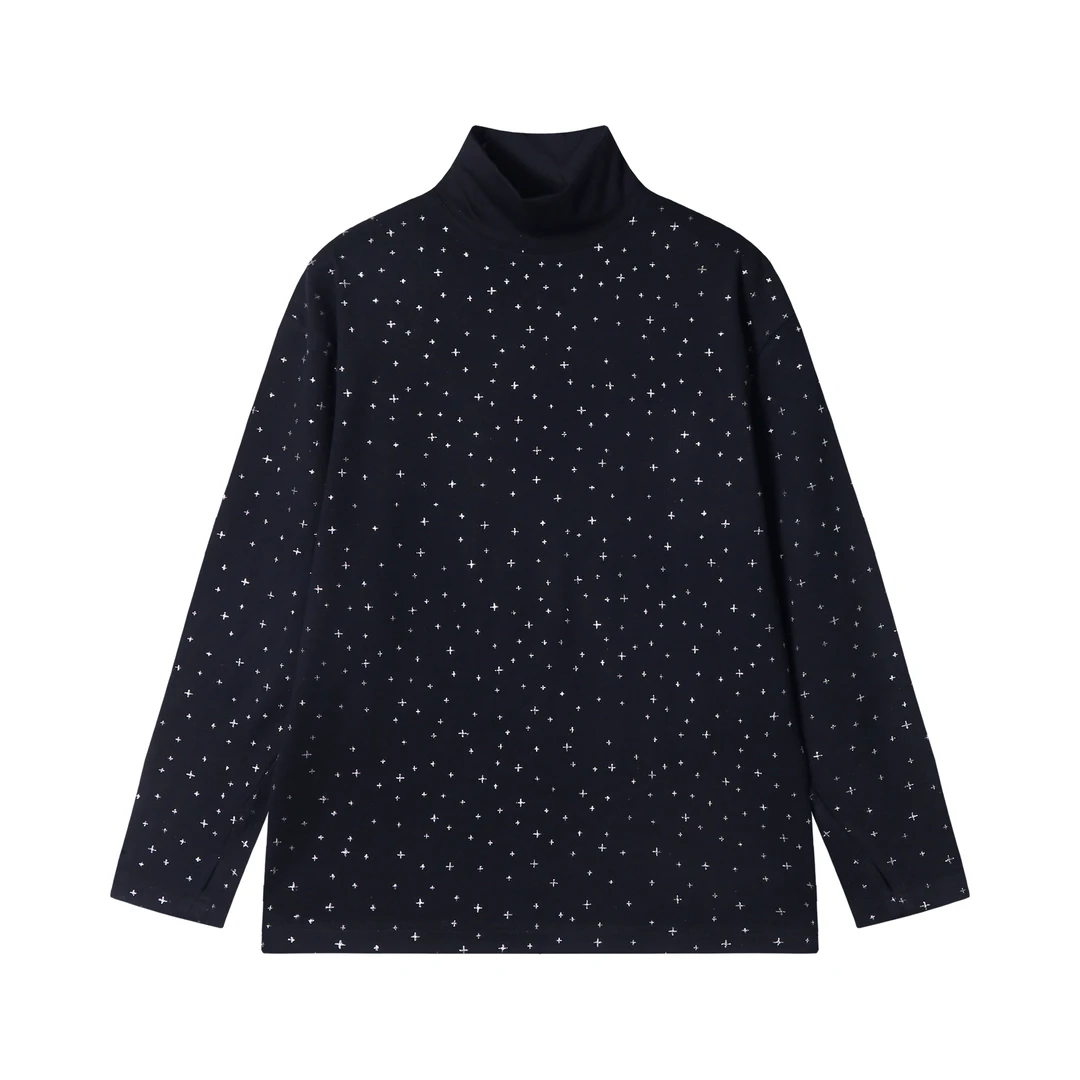 T1795新款时尚个性高级感满印印花立领长袖T恤休闲百搭修身打底衫