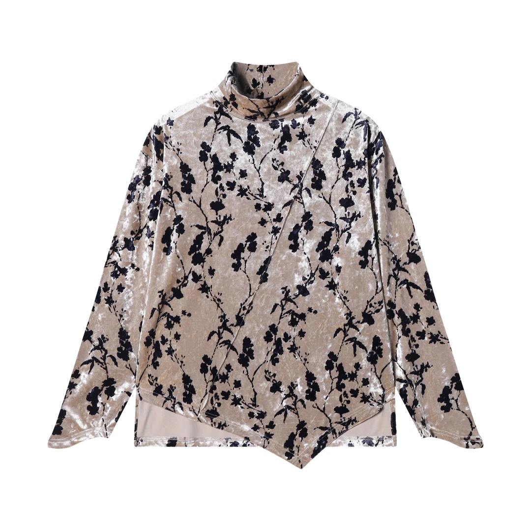 T1760新款美式个性印花半高领下摆不规则长袖百搭休闲气质上衣