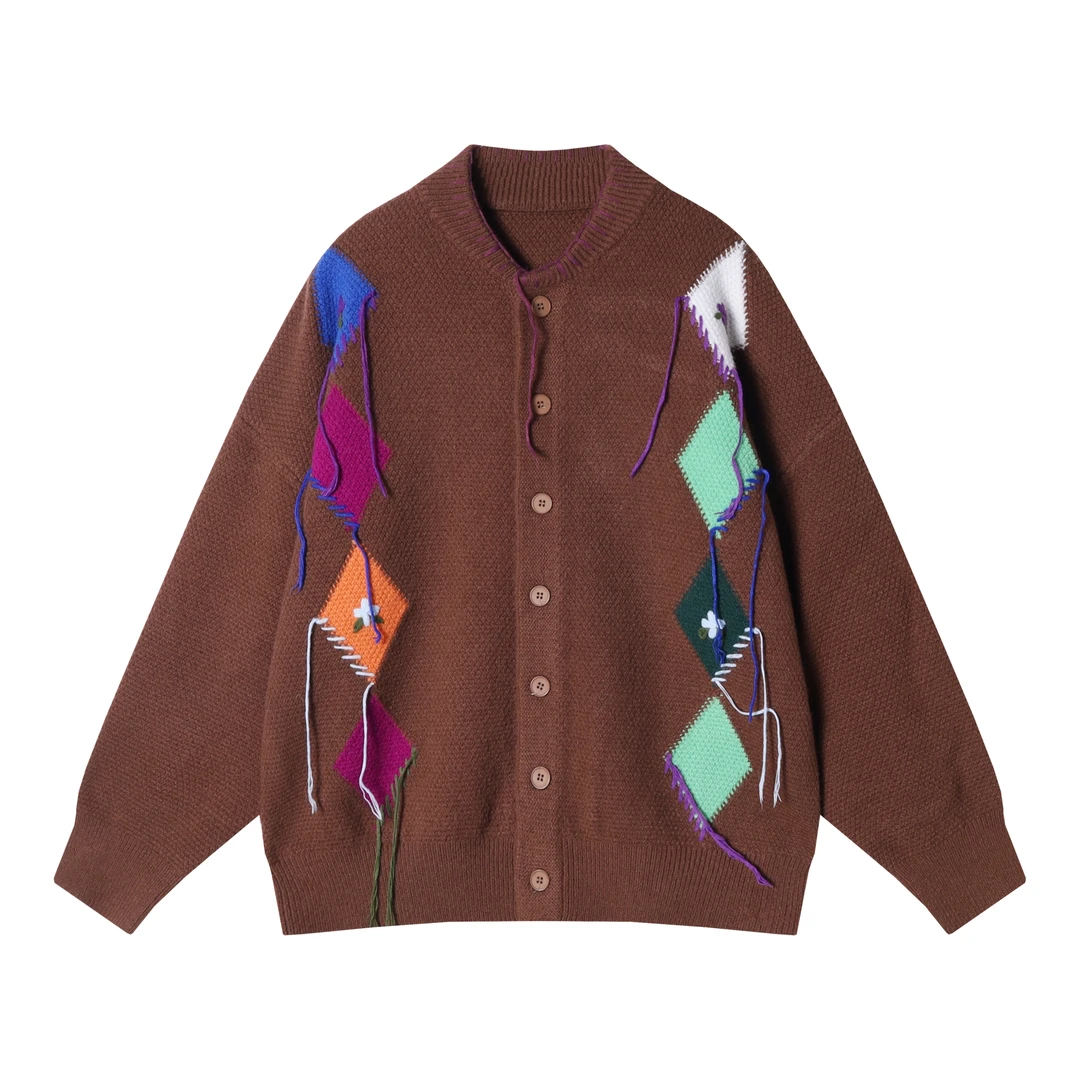 秋季新款男士纽扣学院风小众设计菱形装饰圆领长袖宽松卫衣开衫