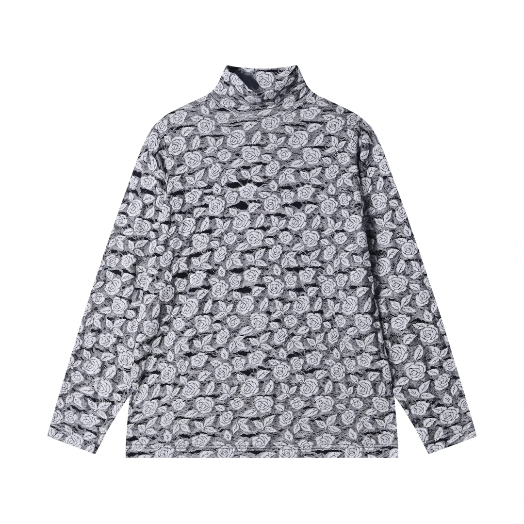 秋冬新款男士半高领满印玫瑰花时尚韩版设计宽松百搭长袖卫衣